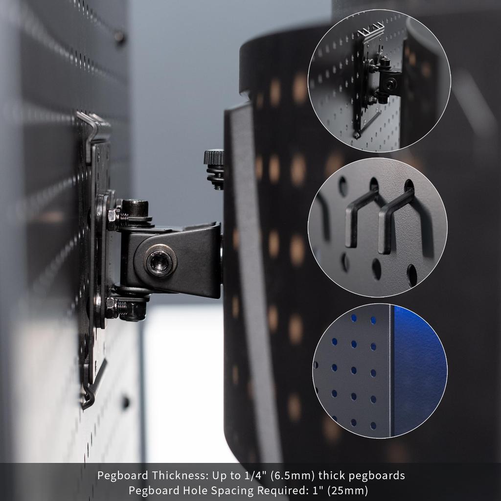 VIVO Шарнирный перфорированный щит Подходит для экранов до и перфорированных щитов до Отверстие Крепление для одного монитора, 32" Толщина 0,25", Шаг 1", Черный, MOUNT-PB1