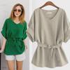 Summer V-Neck Cotton & Linen Bat Sleeve Shirt - Loose Fit, Plus Size Trend
