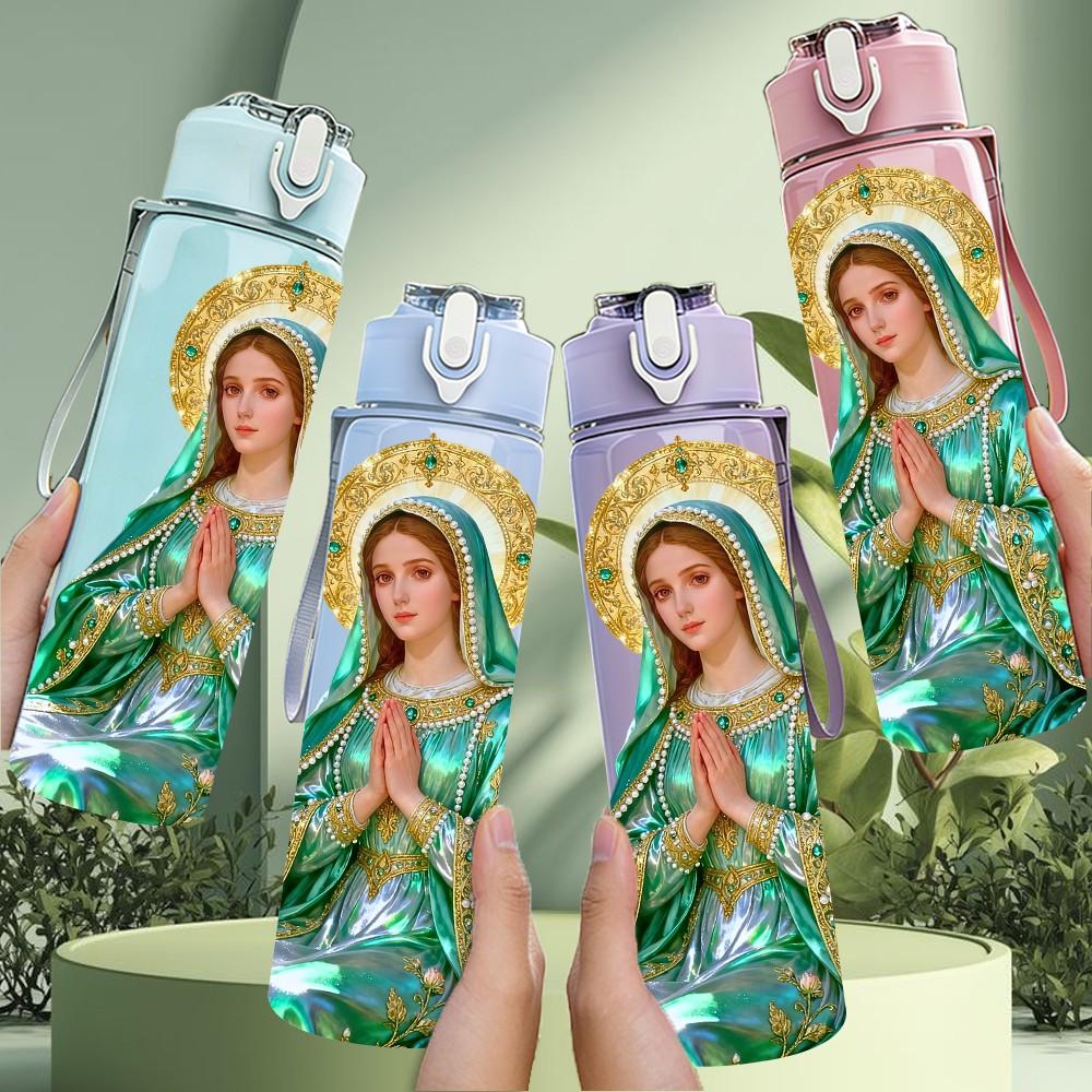 1PC Green Robe Virgin Mary Print 750ml Color Plastic Sports Water Bottle Leakproof Flip Straw Lid Suitable for Sports Office Home Use
