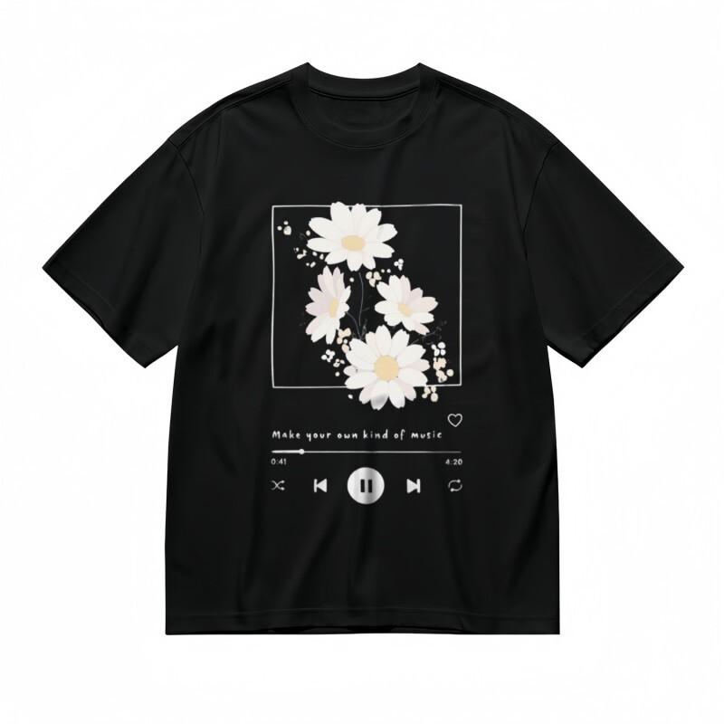 Women's Comfortable Classic T-Shirt Floral and Retro Music Controls Design Tee