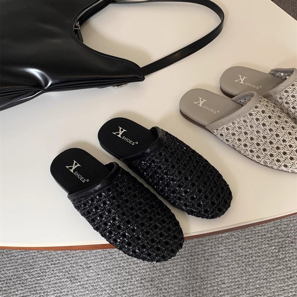 2025 Summer French Slippers Women's Versatile Outer Wear Retro Woven Bag Head Semi-breathable Non-slip Flat Bottom Muller Cool Slippers
