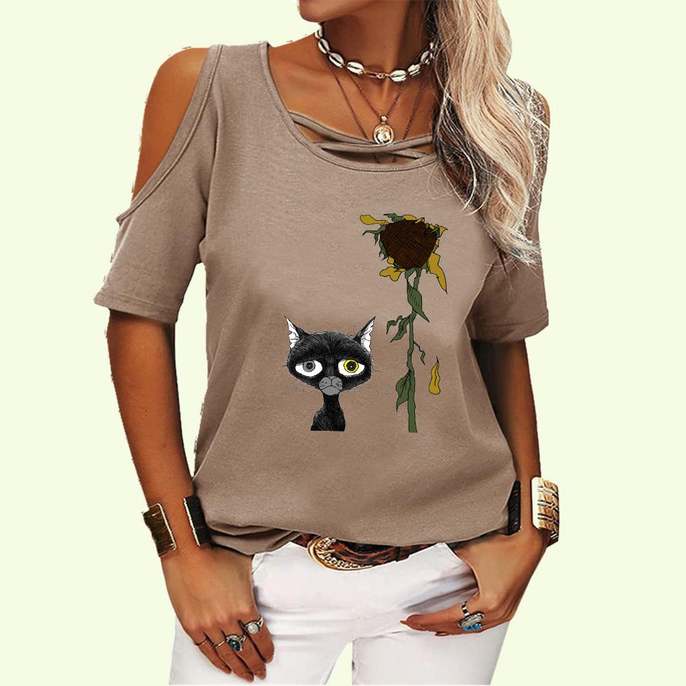 Женская модная футболка с открытыми плечами, женская повседневная футболка с круглым воротником, летний принт, короткий рукав, футболка