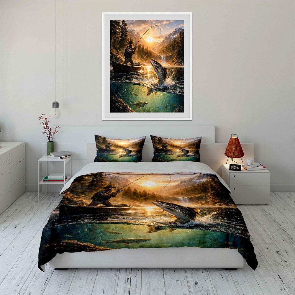 Fishing Adventure Nature Scene Bedding Duvet Cover Set Duvet Cover Pillowcases (1*Duvet Cover 2*Pillowcases, without duvet insert)