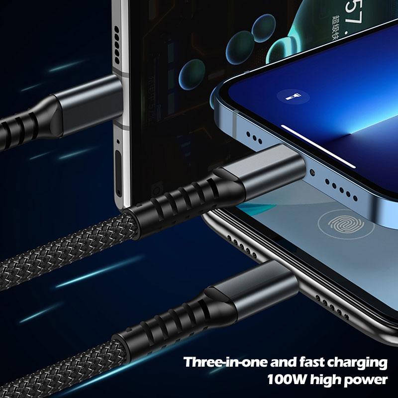 Кабель для быстрой зарядки 100 Вт, универсальный зарядный кабель, нейлоновая оплетка, несколько USB-адаптеров, универсальный зарядный шнур 3 в 1, адаптер Type-C Micro