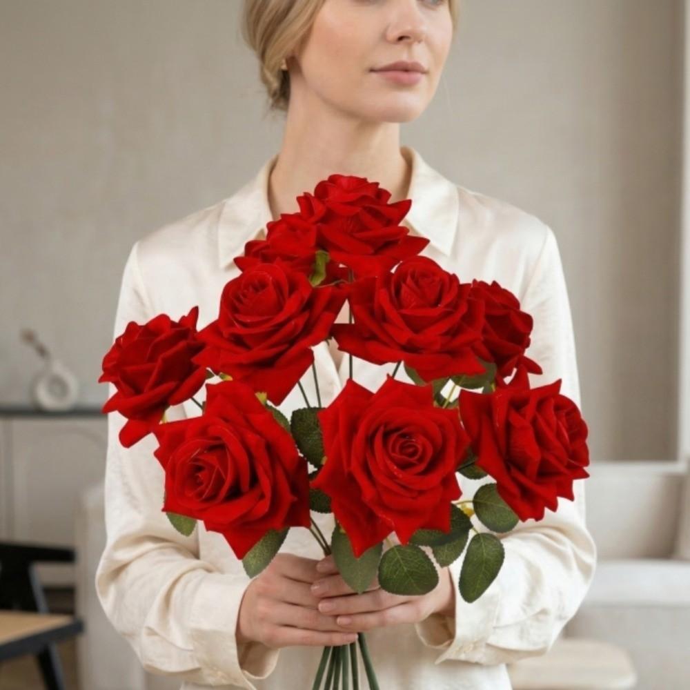 9 Head Artificial Rose Flower Green Leaves Real Touch Faux Rose Flower Branch Handmade Luxury Simulation Rose Valentine's Day