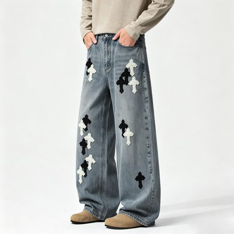 Men Women Unisex Straight Fit Denim Jeans Light Wash Distressed Hand Painted Casual Streetwear Low Rise