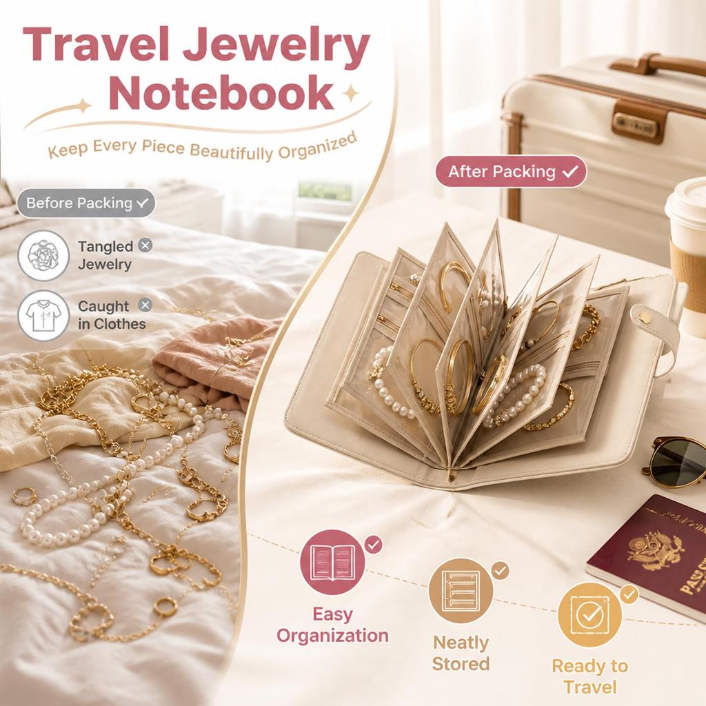 Women Portable Jewelry Storage Book, Detachable Loose Leaf Jewelry Organizer, Velvet Lined Anti-Tangle Travel Jewelry Case