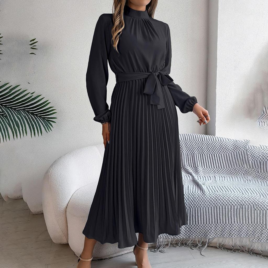 Autumn Winter Women Long Sleeve Solid Pleated High Waist A Line Stand Collar Long Dress EMA