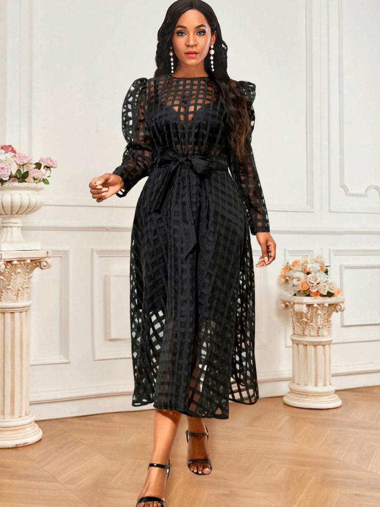 AOMEI Black Plaid Long Sleeve See Through High Waist A Line Evening Casual Daily Party Ball Gowns with Belt