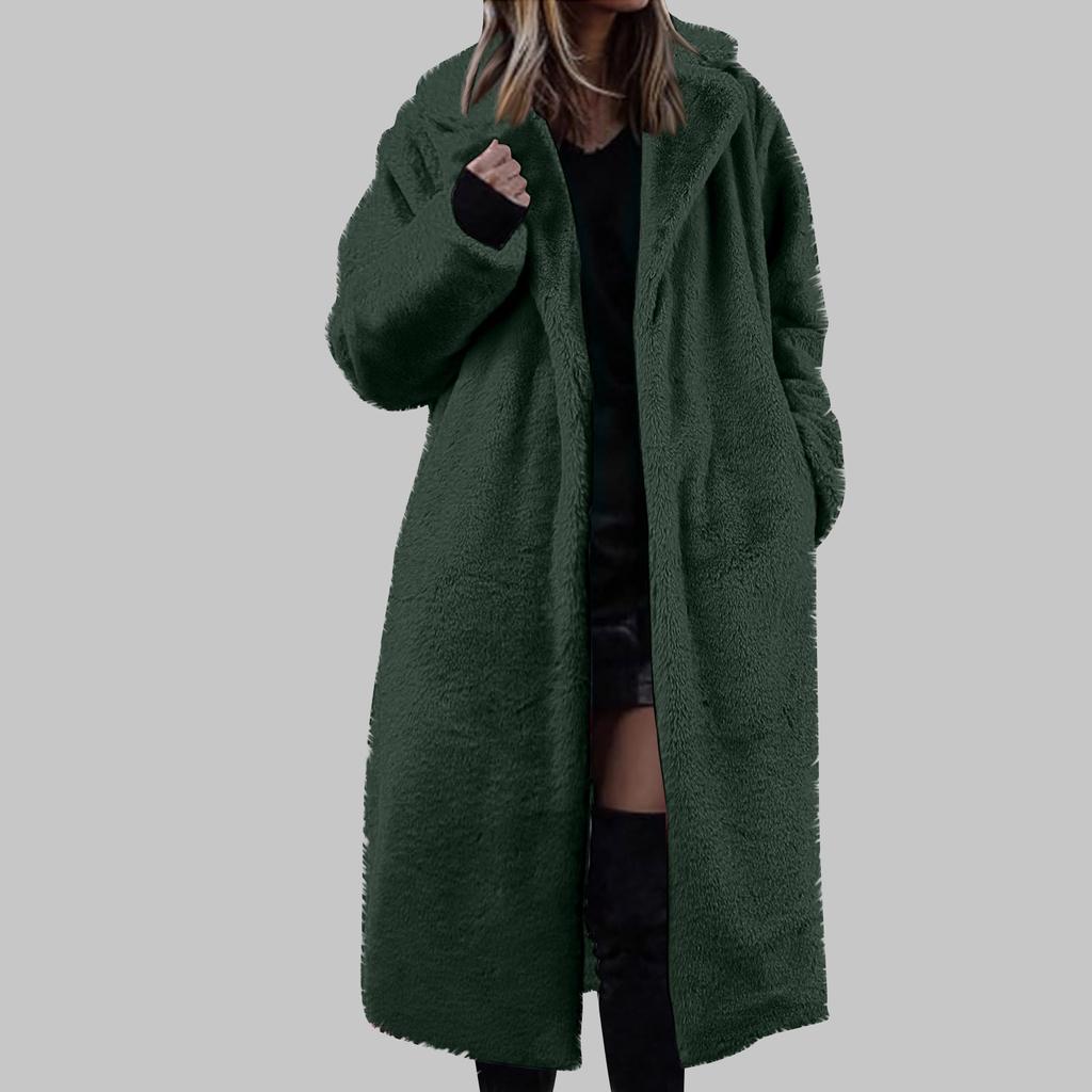 Women's Long Solid Color Fashionable Winter Loose Flip Collar Plush Jacket