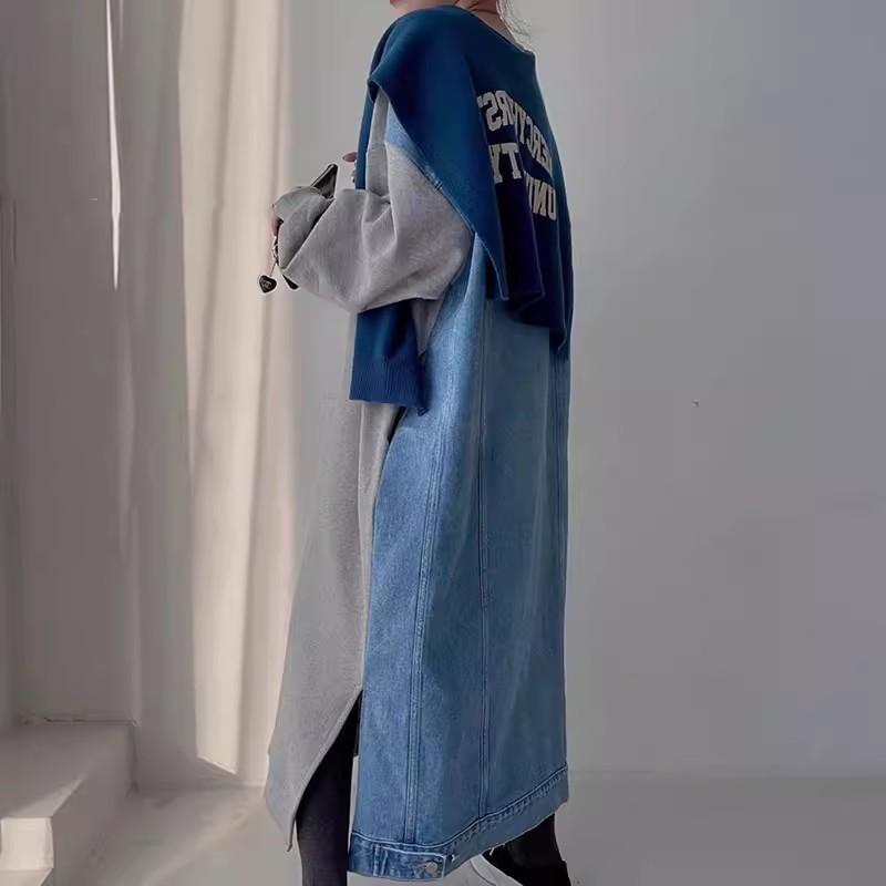 Осень и зима Новое джинсовое платье-толстовка Женское платье длиной до колена в корейском стиле, имитация двух частей, повседневная юбка в стиле ленивой юбки
