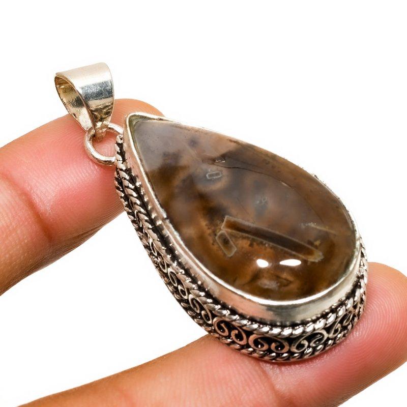 Tube Agate Gemstone Handmade 925 Silver Plated Jewelry Pendant 1.89"