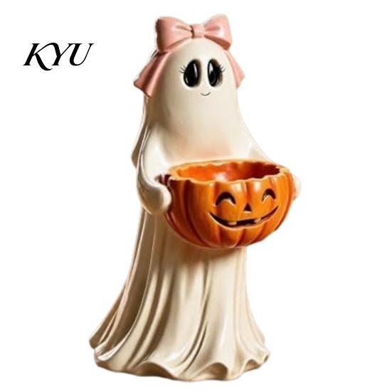 Halloween Party Table Centerpieces Resin Ghost Statue with Pumpkin Candy Bowl for Decor, Reusable Seasonal Tabletop Accents Cute Desktop Organizer