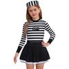 Girl Prisoner Costume 2Pcs Striped Puffy Dress Round Neck Cut Back Long Sleeve Ruffled Tutu Skirt Convict Cap