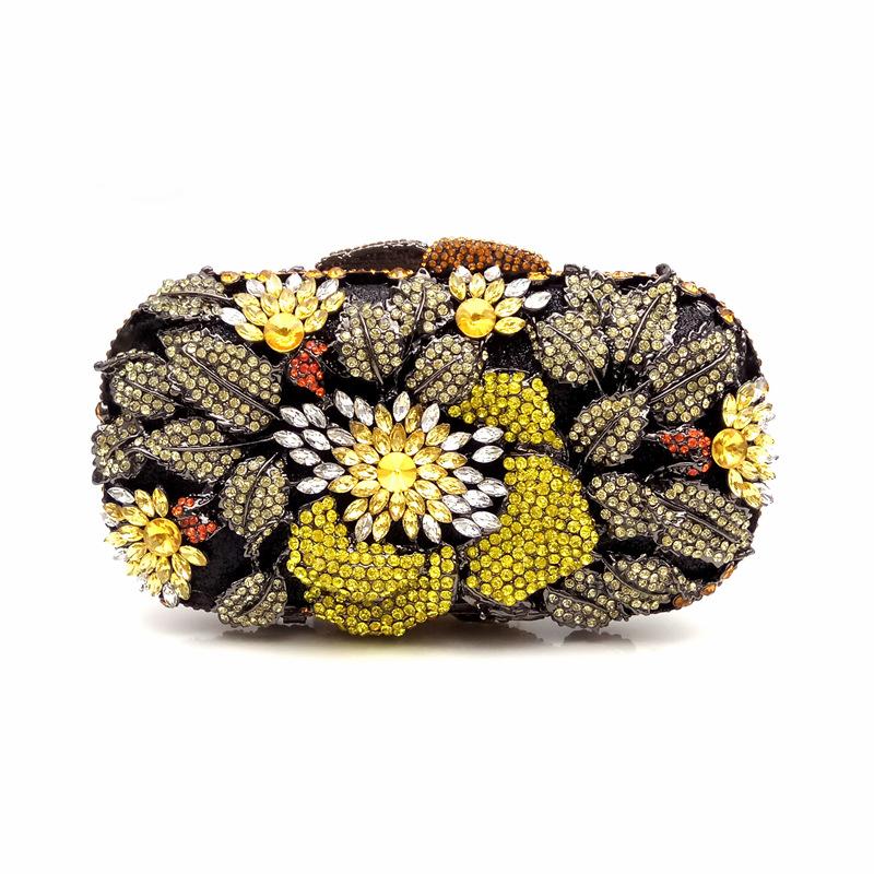 Floral Women Crystal Rhinestone Evening Bags Black Diamond Clutch Bag Wedding Bridal Clutches Gold Metal Handbag Purse Bags