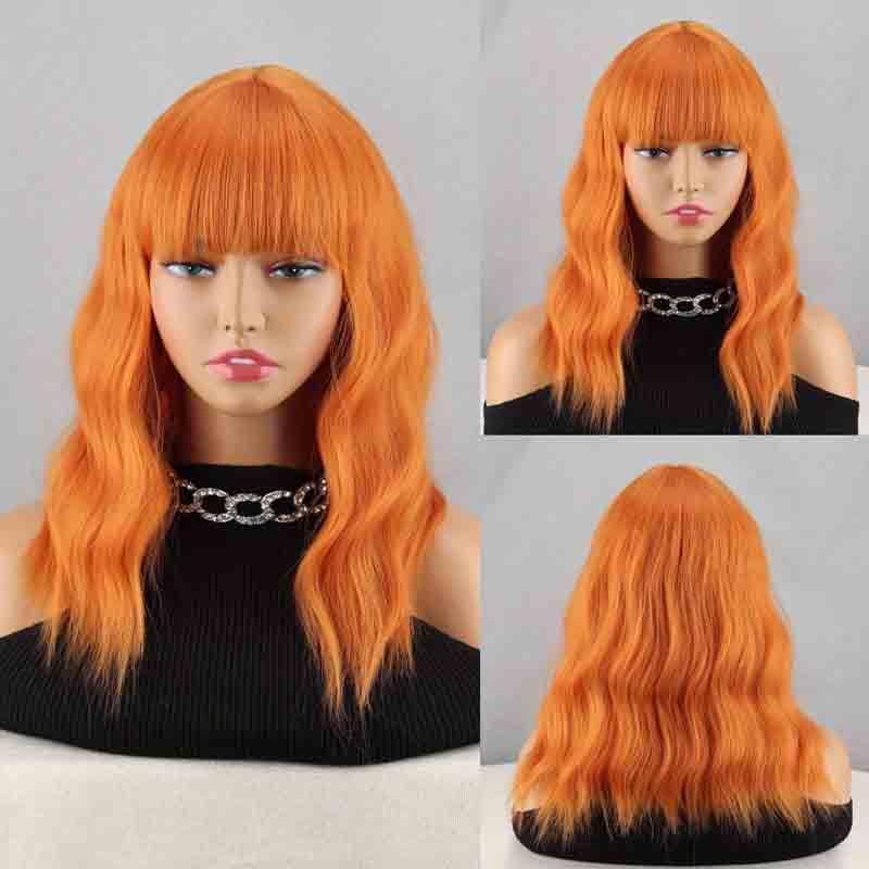 Synthetic Middle Length Short Wave Hair Extension Natural Wigs With Bangs For Women Wig Fibre Cosplay Wig