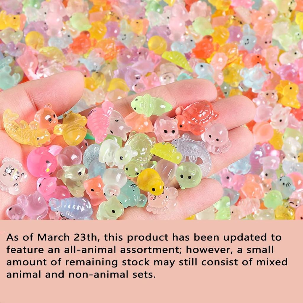 50PCS Mini Resin Animals Variety Pack, Random Assorted Tiny Resin Animal Figurines Glow in the Dark for Fairy Garden Accessories, Aquarium and Micro