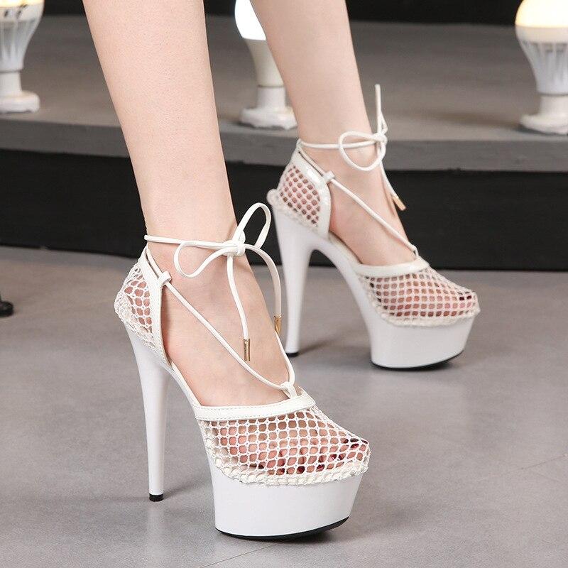 Женская обувь, повседневные летние сандалии из дышащей сетки на тонкой шнуровке, серия 8661, каблук 15 см, платформа 5 см, LFD