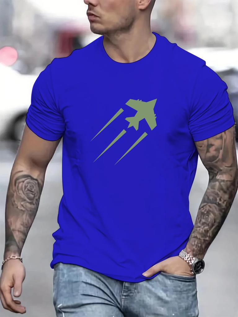 Men's Summer 100%cotton Fashionable Casual Sports Loose Airplane Pattern Printed Round Neck Short Sleeved T-shirt Top