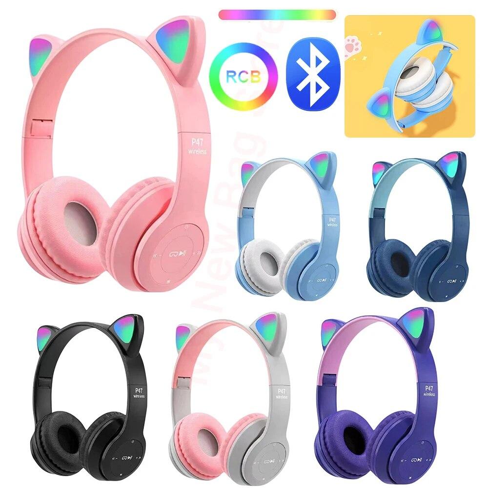 Bluetooth Wireless Headphones Cat Ear Glow Light Stereo Bass Helmets PC Phone Gaming Over-Ear Headset Children Gamer Girl Gifts