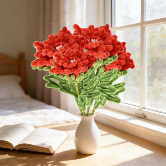 Finished Pipe Cleaner Flower Handmade Chenille Stem Red Peony Flower for Women Mother Wife Valentine's Birthday Wedding Home Decor