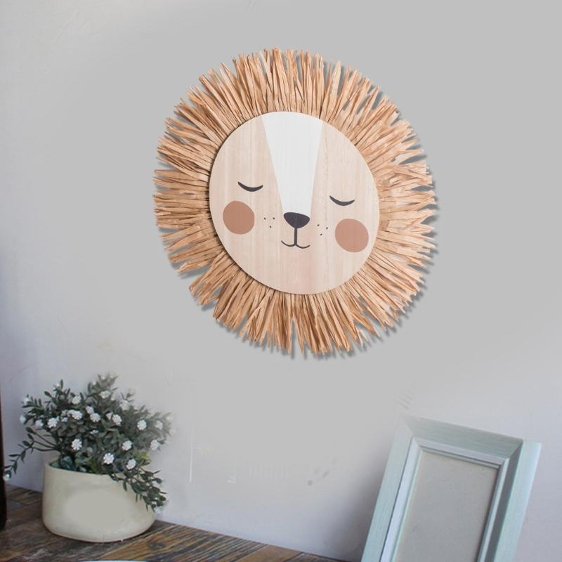 Cartoon Lions Hangings Decorations Creative Animal Head Ornament Handwovens Raffias Wall Decors for Farmhouses Bedroom Home