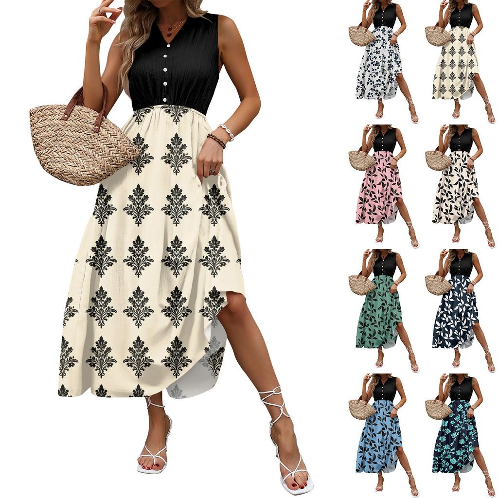 Women's Casual And Fashionable V-neck Sleeveless Printing Mid Length Dress