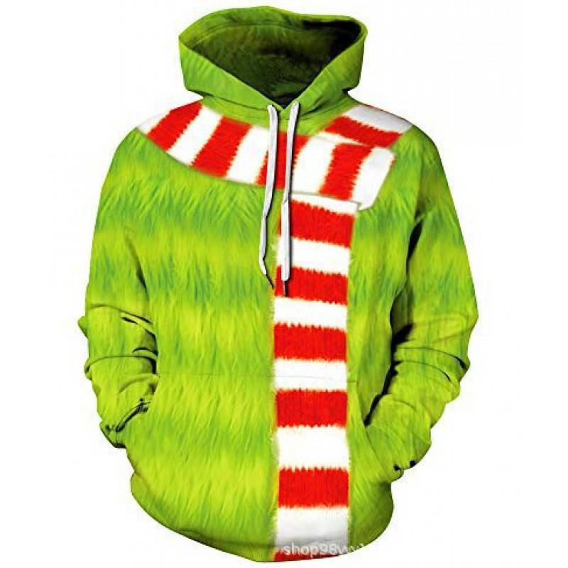 Grinch 3D Printed Hooded Sweatshirt Men Loose Fit Casual Zip-Up Pullover With Appliqu Pocket