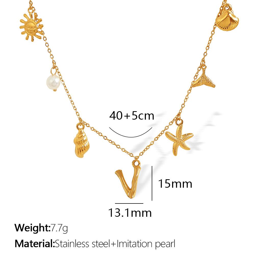 New Arrival Gold Boho Ocean Conch Starfish Shell Charm Necklace Stainless Steel A-Z Alphabet Initial Letter Beach Necklace Women