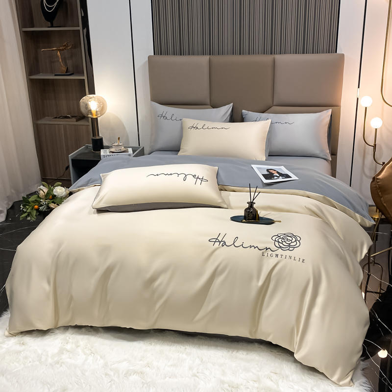 Комплект из четырех предметов из сатина из стираного хлопка, пододеяльник из ледяного шелка, простыня из шелковистой и прохладной ткани Tencel.