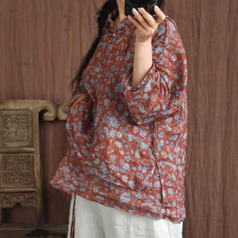 Johnature Женские рубашки рами с цветочным принтом и стойкой, топы в китайском стиле с длинными рукавами, весенняя винтажная женская одежда высокого качества