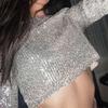 Women Crop Top Shiny Sequin O Neck Long Sleeves Waist-exposed Soft Pullover Stage Show Performance Club Party Lady Top