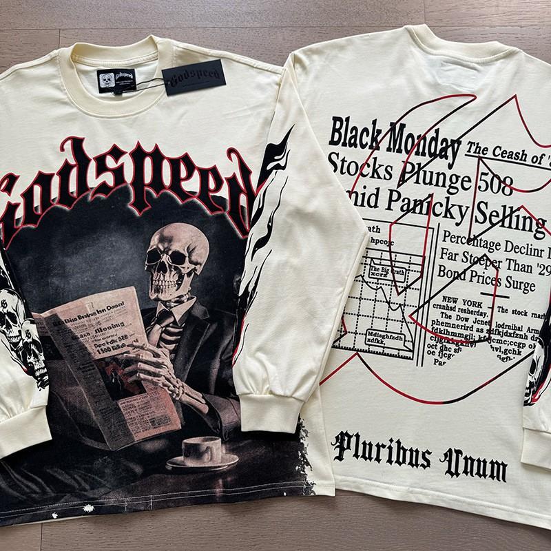 Mens Oversized Cotton Long Sleeve Tee With Skull Graphic Print Streetwear Rock Band Style Loose Fit Teens Adults