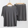 2Pcs/Set Men Loungewear O-Neck Short Sleeve Tops Elastic Waist Wide Leg Shorts Set Solid Color Ice Silk Homewear Seamless Pajama Set