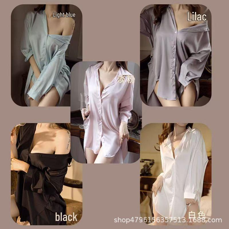 2025 Женская свободная ночная рубашка в стиле бойфренда, шелковисто-белая