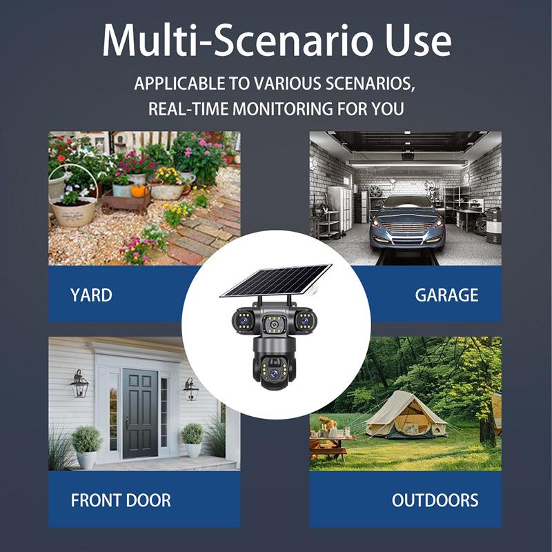 4G Камера видеонаблюдения на солнечной батарее с тремя объективами и видом с трех экранов