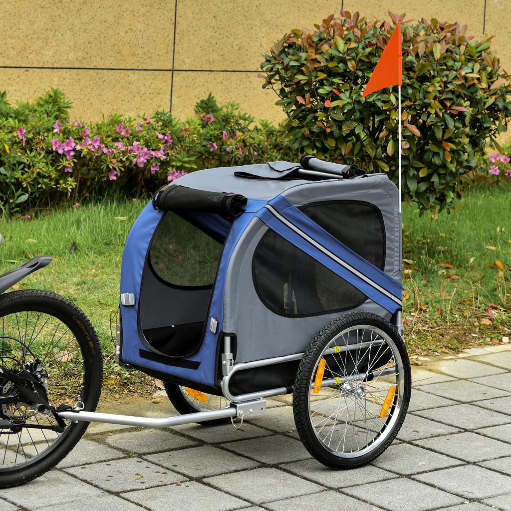 Pet Trailer, Dog Trailer, Bike Trailer, Foldable, Rain Cover, Steel, Grey+Blue, 130 x 73 x 90cm