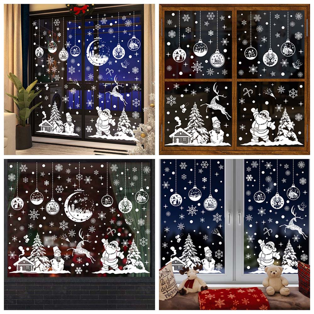 Белые рождественские наклейки на окна ПВХ статические наклейки съемные снежинки стеклянная оконная пленка водонепроницаемая рождественская елка рождественские наклейки стекло