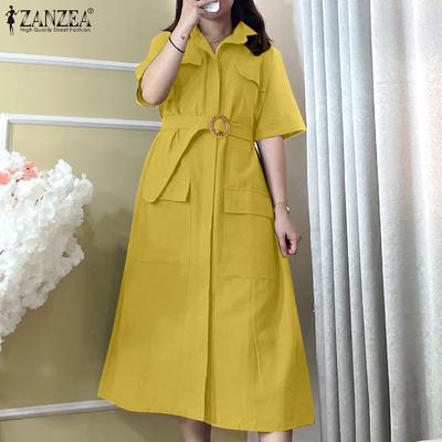 Женское повседневное свободное платье-рубашка с отложным воротником и коротким рукавом