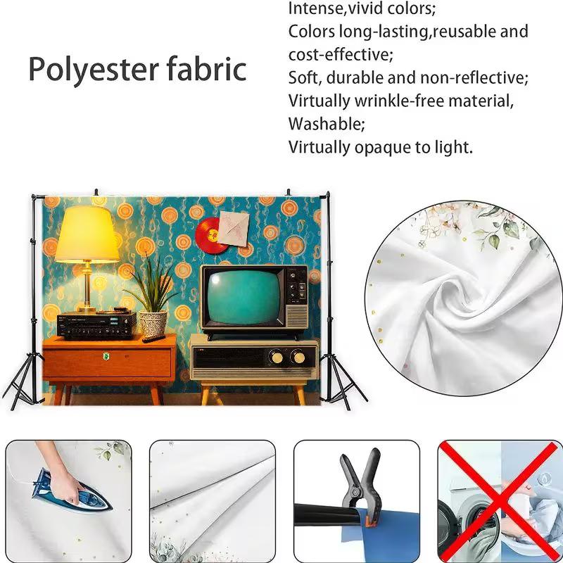 2D Retro Living Room Tapestry for Bedroom, Vintage TV, Turntable and Mid-Century Decor