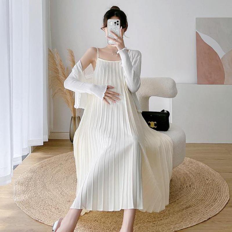 Versatile Plus Size Pleated Maternity Two-Piece Slip Dress