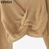 VONDA Women Casual Autumn V Neck Long Sleeve Twisted Cropped Sweaters Knitwear