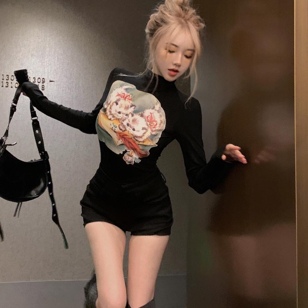 Милые сексуальные кавайные футболки с принтом кота, женские винтажные короткие футболки с полувысоким воротником Y2k, укороченные топы с тонкой талией, узкие желтые футболки