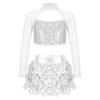 Girls Dance Outfit Long Sleeve Cutout Crop Top with Sparkling Sequins Tiered Ruffle Skirted Shorts