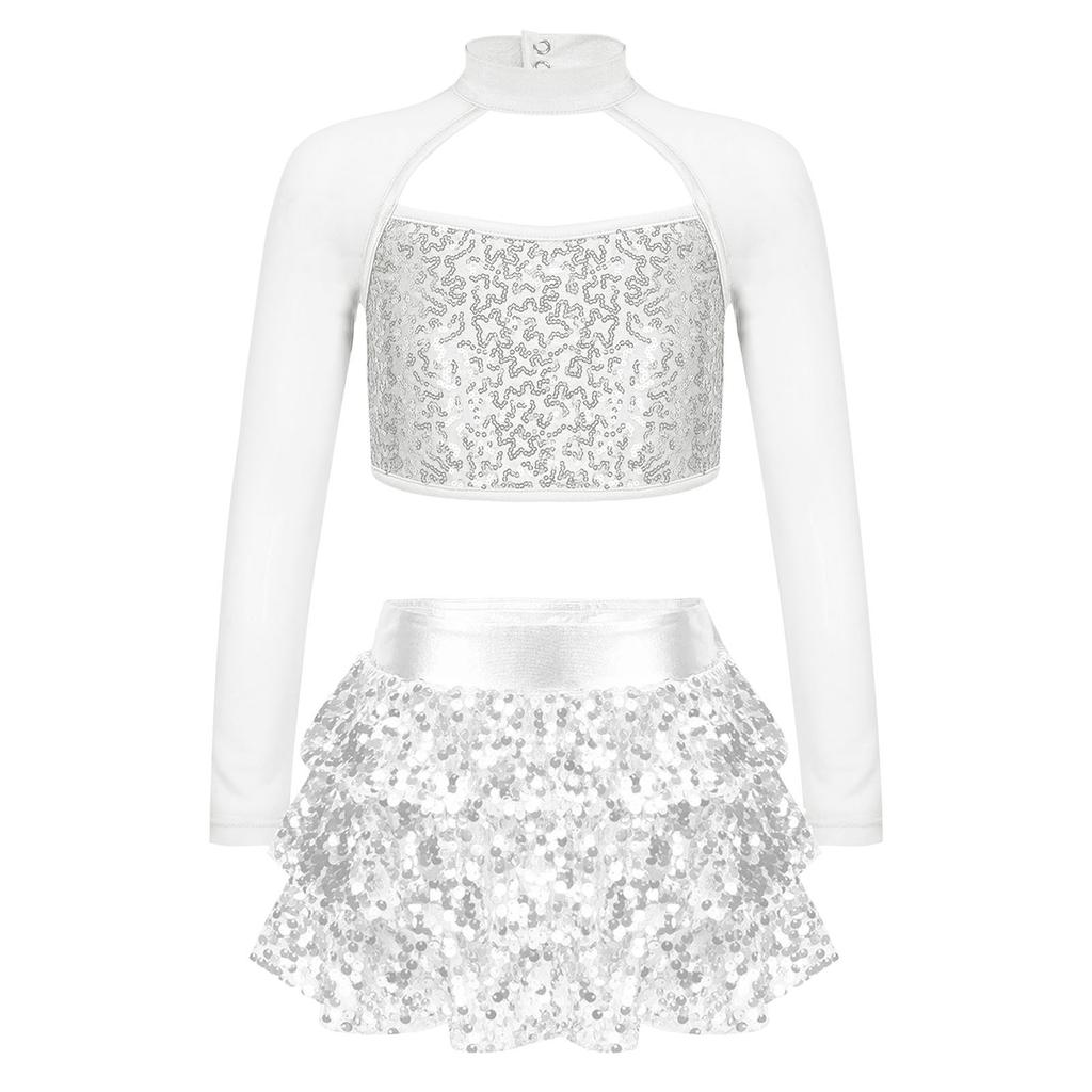 Girls Dance Outfit Long Sleeve Cutout Crop Top with Sparkling Sequins Tiered Ruffle Skirted Shorts