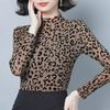 2024 Autumn Women's Leopard Print Slim Fit Mesh T-Shirt - Thin Casual Half High Collar Trend.