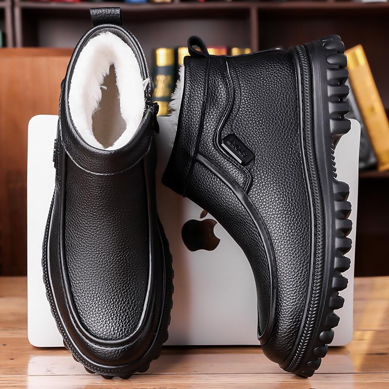 Winter New Men's High-top Shoes Leather Boots Men's Cotton Shoes Wool Velvet Warm Snow Boots Martin Boots Outdoor Leather Boots