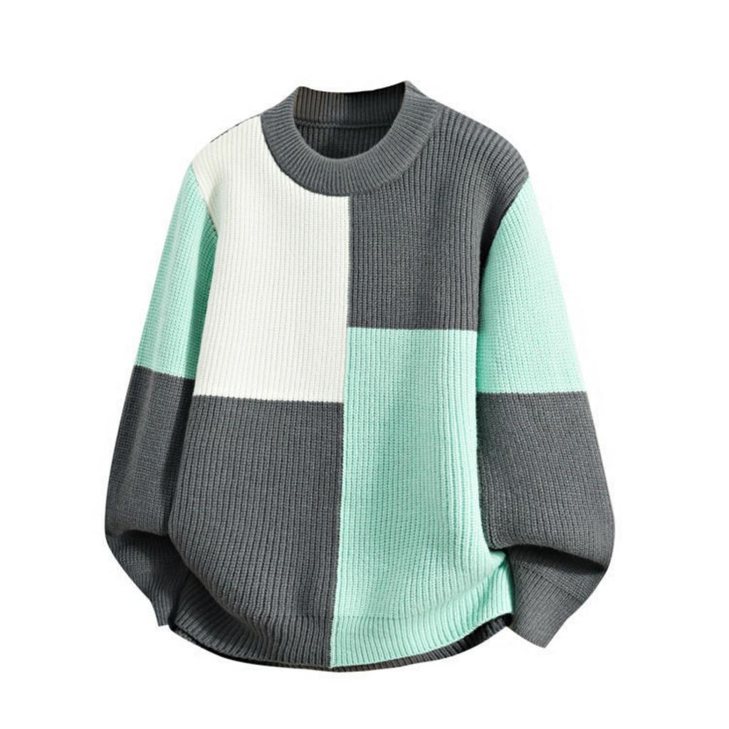 Men's Casual Loose, Color-blocking And Color-blocking Sweater, Knitted Long-sleeved Round-neck Sweater Top