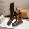 Распродажа Осенние Maillard Винтажные Кожаные Флисовые Ботинки на Толстой Подошве Высокие Рыцарские Ботинки Женские Зимние Ботинки Средней Высоты