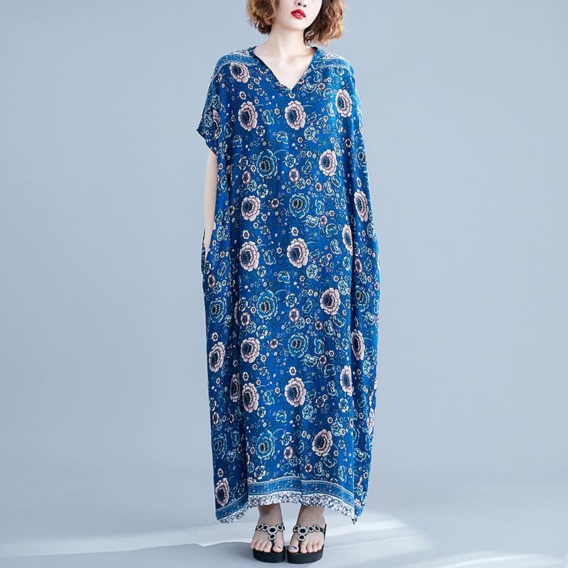 Dimanaf 2024 Plus Size Dress Women Summer V-Neck Sundress Bohemian Floral Print Loose Big Oversize Maxi Dress 7015